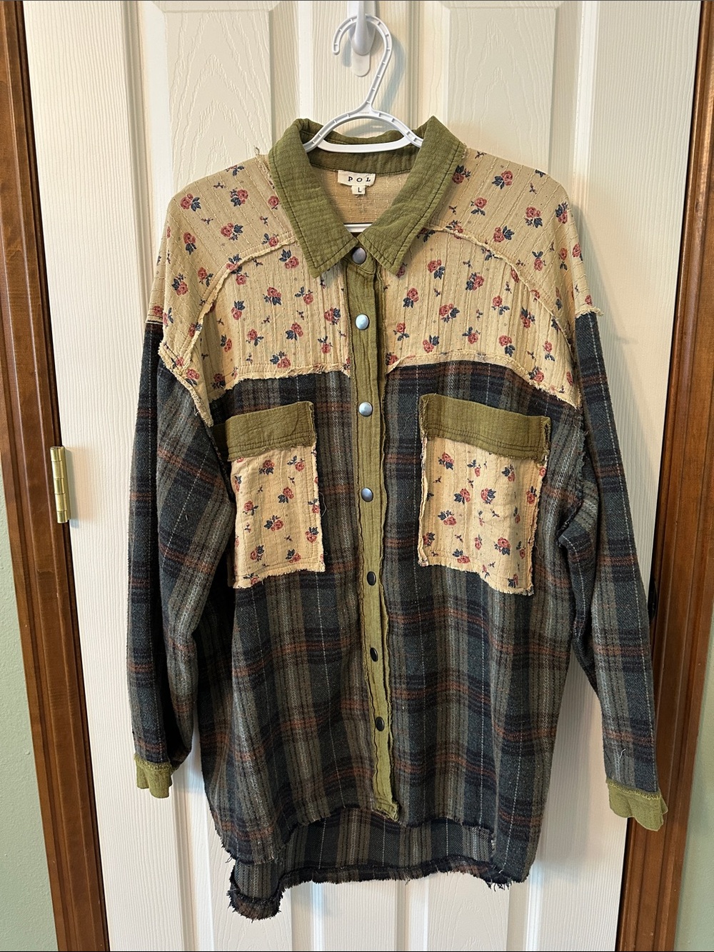 POL Olive & Cream Patchwork Plaid Utility Jacket